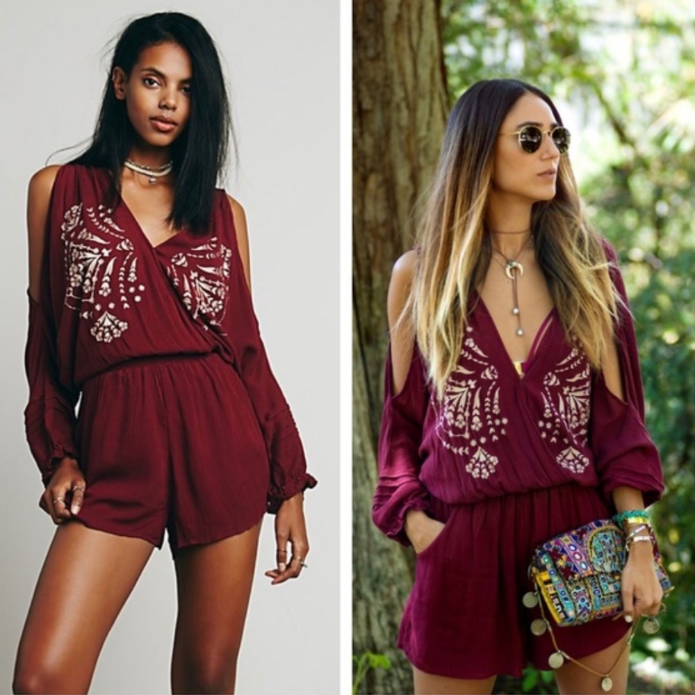 Free People Embroidered Burgundy Maroon Romper